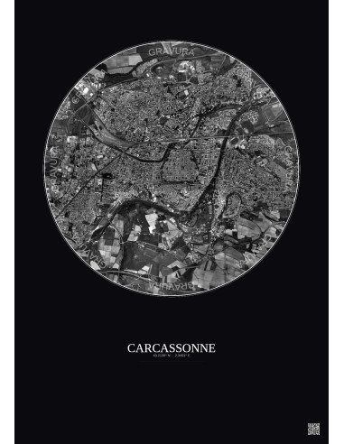 Affiche Carcassonne – Poster vue satellite 2.5km N&B | Gravura – Fond foncé