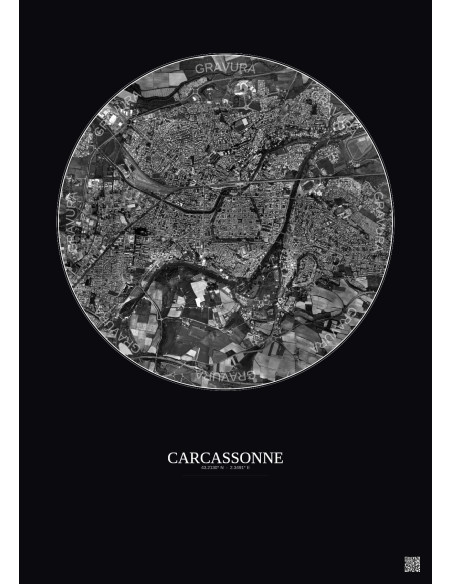 Affiche Carcassonne – Poster vue satellite 2.5km N&B | Gravura – Fond foncé