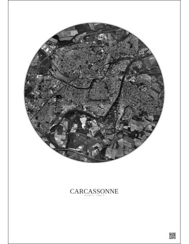 Affiche Carcassonne – Poster vue satellite 2.5km N&B | Gravura – Fond clair