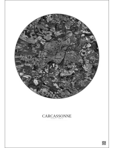 Affiche Carcassonne – Poster vue satellite 5km N&B | Gravura – Fond clair