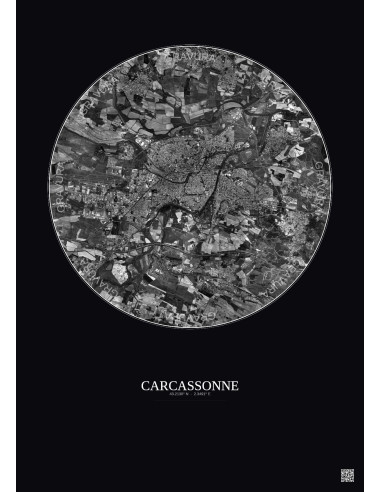 Affiche Carcassonne – Poster vue satellite 5km N&B | Gravura – Fond foncé