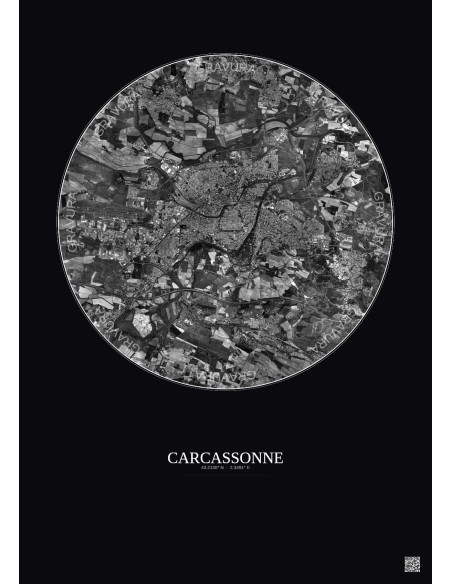 Affiche Carcassonne – Poster vue satellite 5km N&B | Gravura – Fond foncé