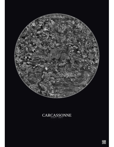 Affiche Carcassonne – Poster vue satellite 10km N&B | Gravura – Fond foncé