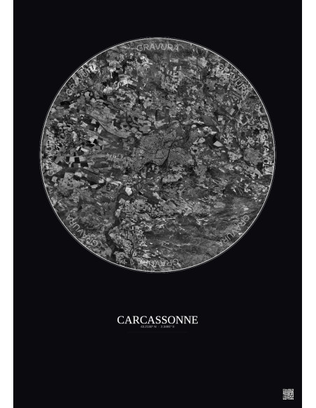 Affiche Carcassonne – Poster vue satellite 10km N&B | Gravura – Fond foncé