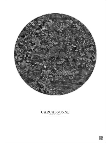 Affiche Carcassonne – Poster vue satellite 10km N&B | Gravura – Fond clair