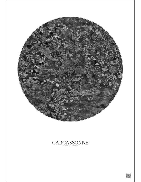 Affiche Carcassonne – Poster vue satellite 10km N&B | Gravura – Fond clair
