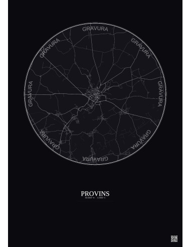 Affiche Provins – Poster carte de ville 10km | Gravura – Fond foncé