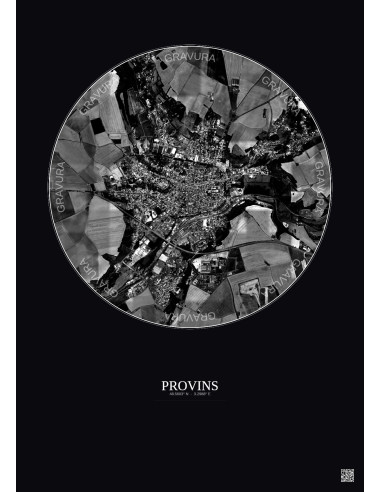 Affiche Provins – Poster vue satellite 2.5km N&B | Gravura – Fond foncé