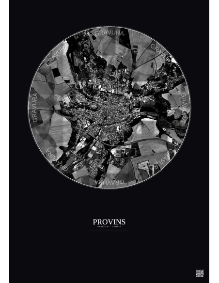 Affiche Provins – Poster vue satellite 2.5km N&B | Gravura – Fond foncé
