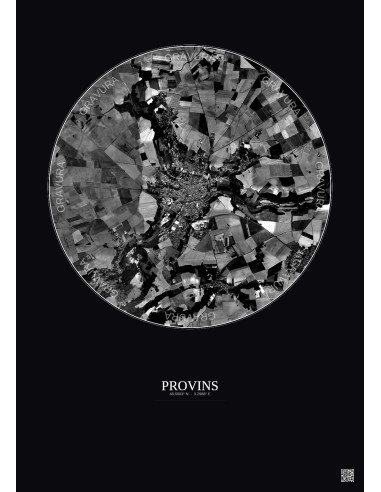 Affiche Provins – Poster vue satellite 5km N&B | Gravura – Fond foncé