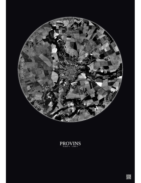 Affiche Provins – Poster vue satellite 5km N&B | Gravura – Fond foncé
