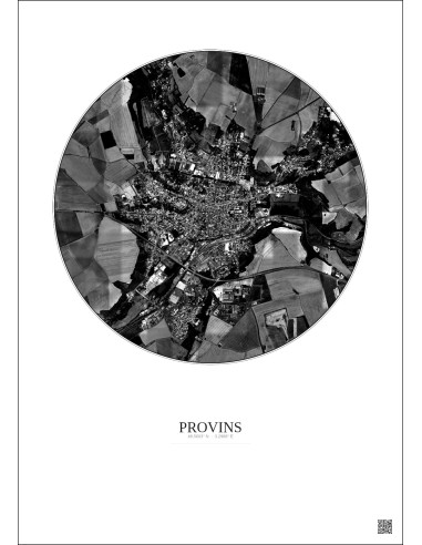 Affiche Provins – Poster vue satellite 2.5km N&B | Gravura – Fond clair