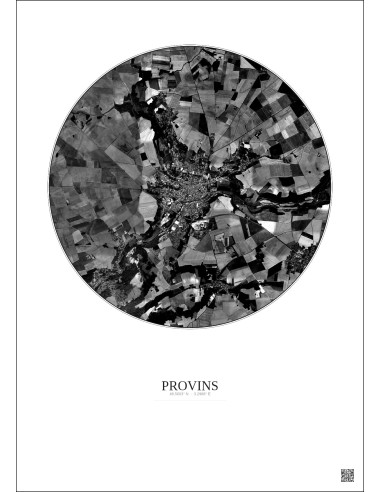 Affiche Provins – Poster vue satellite 5km N&B | Gravura – Fond clair