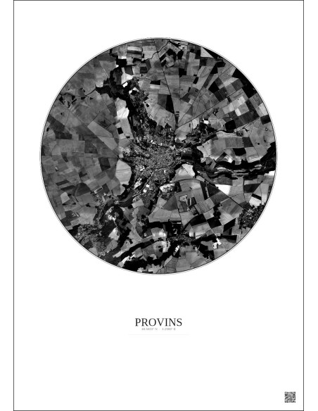 Affiche Provins – Poster vue satellite 5km N&B | Gravura – Fond clair