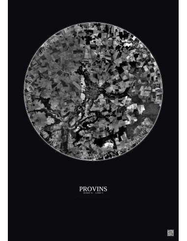 Affiche Provins – Poster vue satellite 10km N&B | Gravura – Fond foncé
