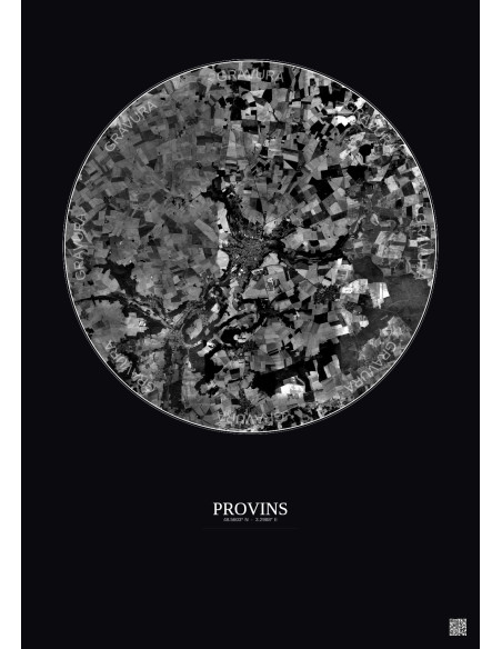 Affiche Provins – Poster vue satellite 10km N&B | Gravura – Fond foncé