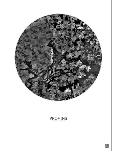 Affiche Provins – Poster vue satellite 10km N&B | Gravura – Fond clair