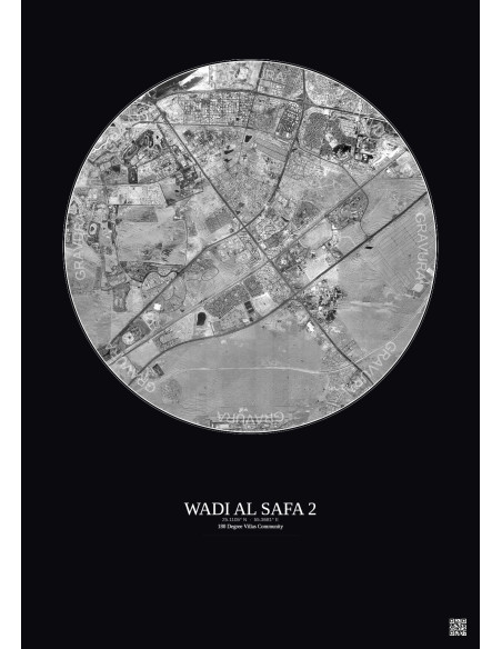 Wadi Al Safa 2 - Custom Satellite View 10 km · B&W · Dark background