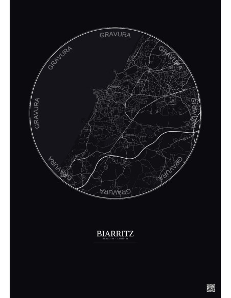 Affiche Biarritz – Poster carte de ville 5km | Gravura – Fond foncé