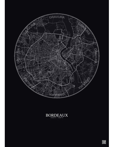 Affiche Bordeaux – Poster carte de ville 10km | Gravura – Fond foncé