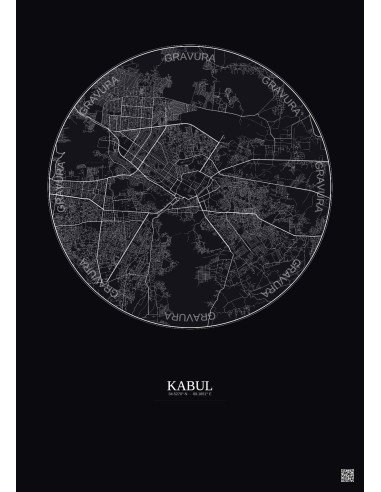 Affiche Kabul – Poster carte de ville 10km | Gravura – Fond foncé