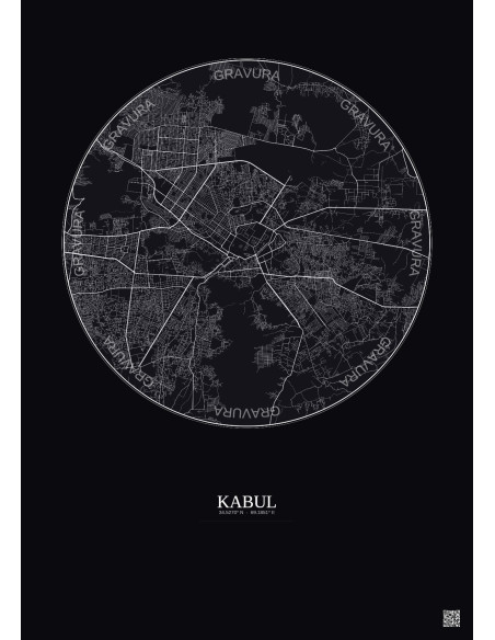 Affiche Kabul – Poster carte de ville 10km | Gravura – Fond foncé