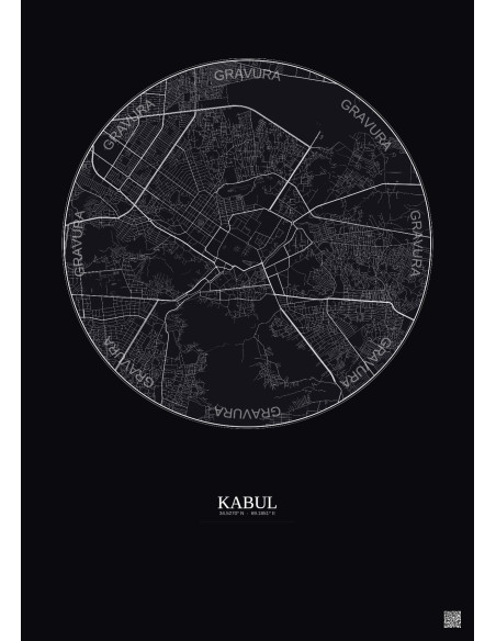 Affiche Kabul – Poster carte de ville 6km | Gravura – Fond foncé