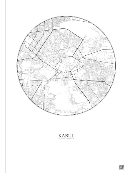 Affiche Kabul – Poster carte de ville 6km | Gravura – Fond clair