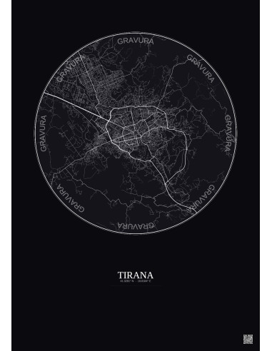 Affiche Tirana – Poster carte de ville 10km | Gravura – Fond foncé
