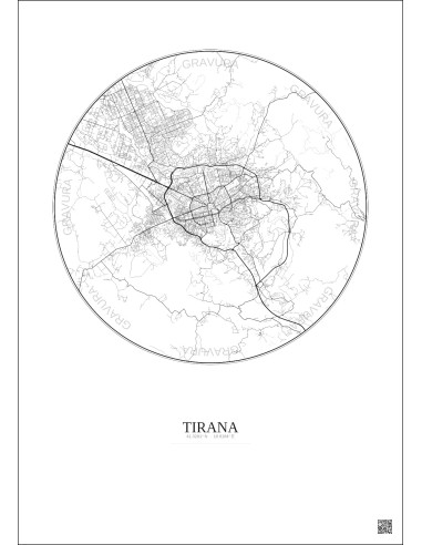 Affiche Tirana – Poster carte de ville 10km | Gravura – Fond clair