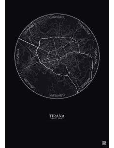 Affiche Tirana – Poster carte de ville 6km | Gravura – Fond foncé