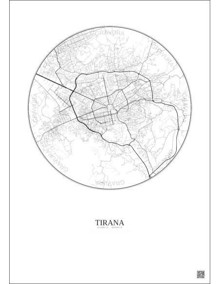 Affiche Tirana – Poster carte de ville 6km | Gravura – Fond clair