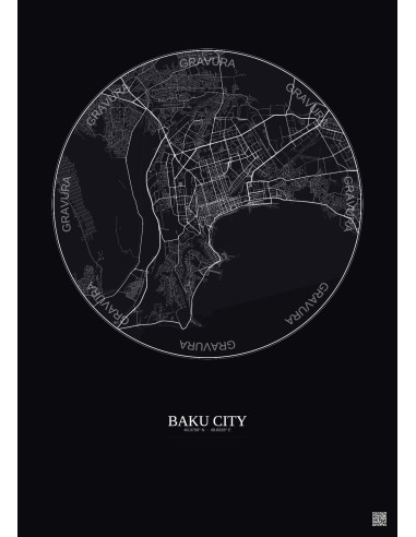 Affiche Baku City – Poster carte de ville 10km | Gravura – Fond foncé