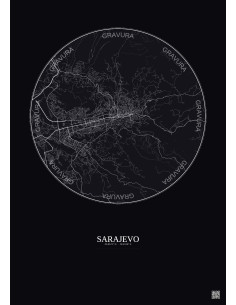 Affiche Sarajevo – Poster carte de ville 10km | Gravura – Fond foncé