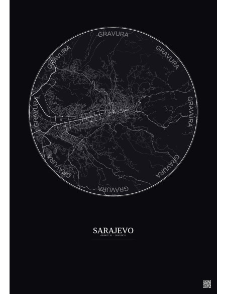 Affiche Sarajevo – Poster carte de ville 10km | Gravura – Fond foncé