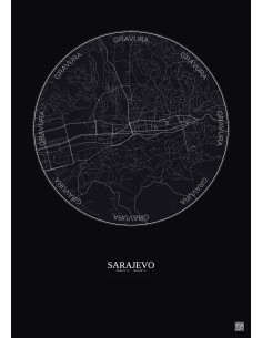 Affiche Sarajevo – Poster carte de ville 2.5km | Gravura – Fond foncé