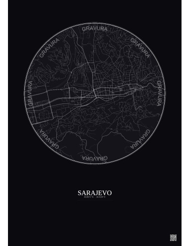 Affiche Sarajevo – Poster carte de ville 2.5km | Gravura – Fond foncé