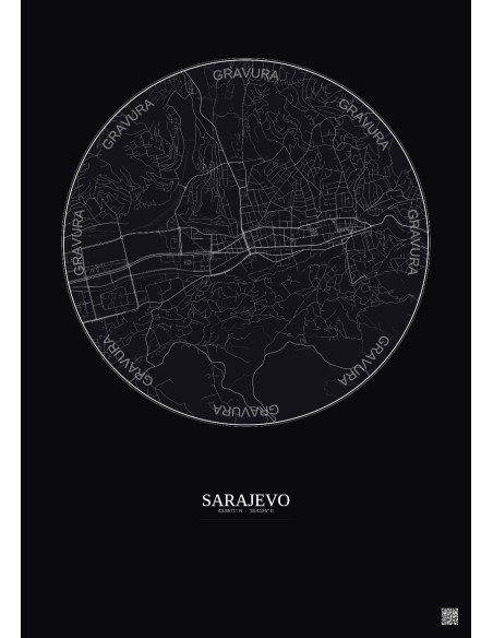 Affiche Sarajevo – Poster carte de ville 2.5km | Gravura – Fond foncé