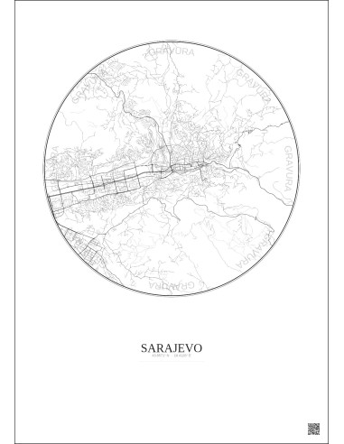 Affiche Sarajevo – Poster carte de ville 6km | Gravura – Fond clair