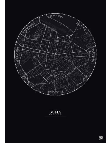 Affiche Sofia – Poster carte de ville 2.5km | Gravura – Fond foncé