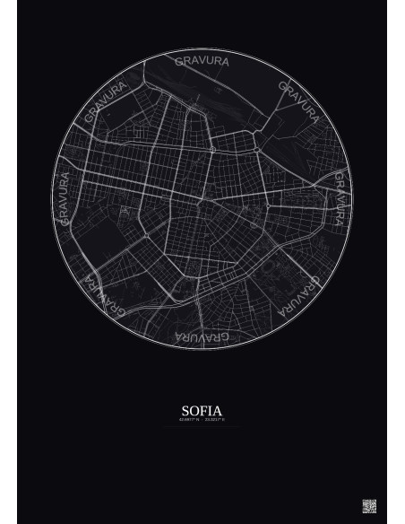 Affiche Sofia – Poster carte de ville 2.5km | Gravura – Fond foncé