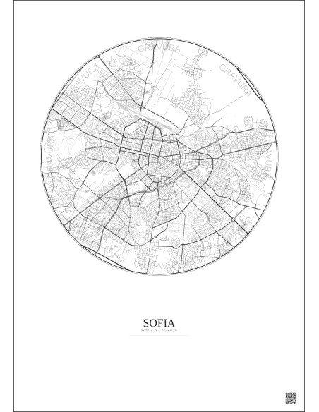 Affiche Sofia – Poster carte de ville 6km | Gravura – Fond clair