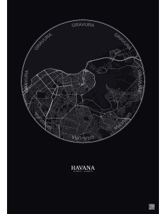 Affiche Havana – Poster carte de ville 6km | Gravura – Fond foncé