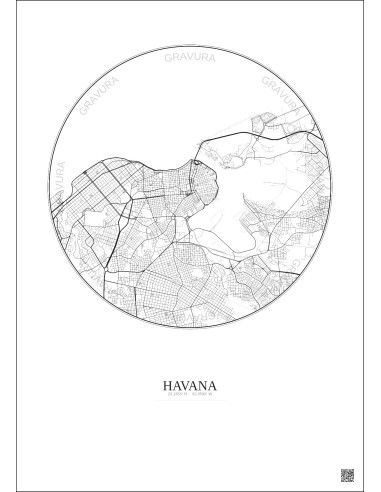 Affiche Havana – Poster carte de ville 6km | Gravura – Fond clair
