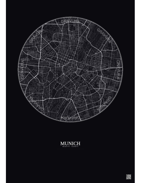 Affiche Munich – Poster carte de ville 5km | Gravura – Fond foncé