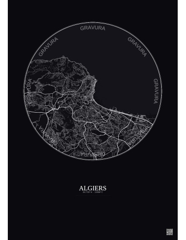Algiers City Map Poster 10km | Gravura – Dark background
