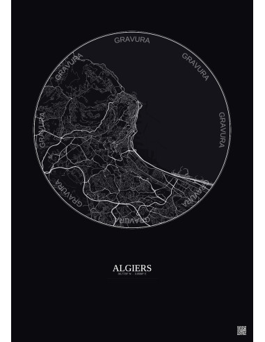 Affiche Algiers – Poster carte de ville 6km | Gravura – Fond foncé