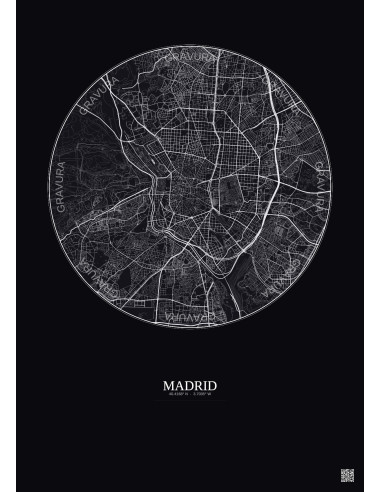 Affiche Madrid – Poster carte de ville 6km | Gravura – Fond foncé