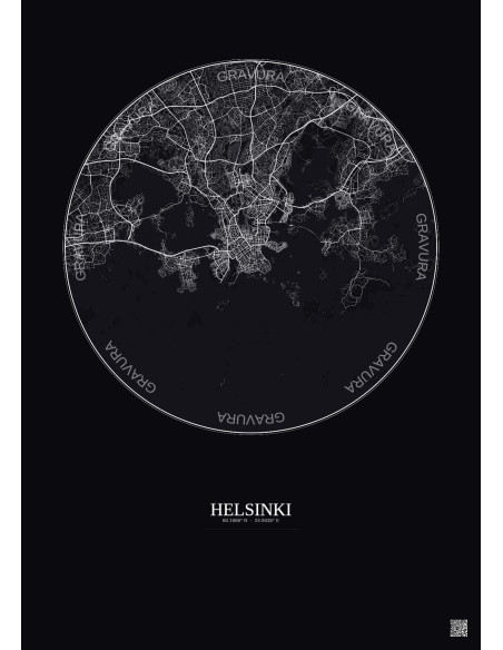 Affiche Helsinki – Poster carte de ville 10km | Gravura – Fond foncé