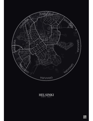 Affiche Helsinki – Poster carte de ville 2.5km | Gravura – Fond foncé